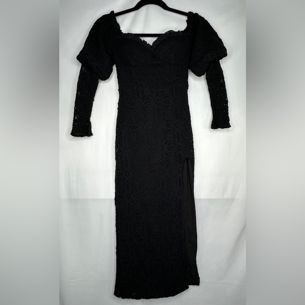 ASOS Luxe Bardot Midi Dress Off‎ Shoulder  Bow Black Crochet Side Slit Sexy Sz 8